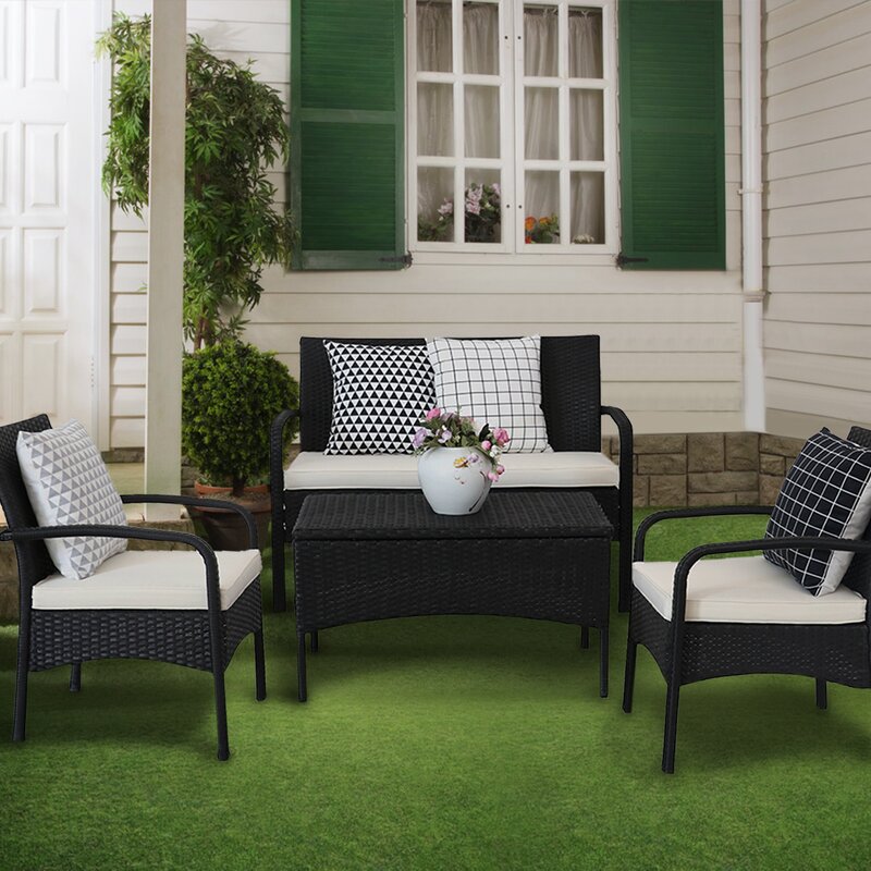 Winston Porter B3 4 Pieces Outdoor Furniture Complete Patio Cushion Wicjer Rattan Garden Coner